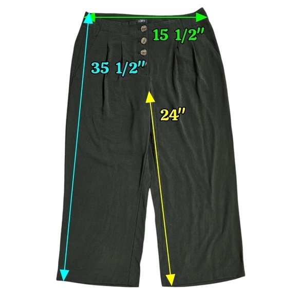 LOFT Olive Green High Rise Wide Leg Cropped Button Front Lightweight Fluid Pants - Picture 2 of 10